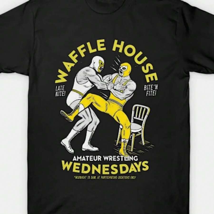 1pc Waffle House Vintage Amateur Wrestling Graphic Tee, Men'S Casual Crew Neck Cotton T-Shirt, Comfortable All-Season Knit, Short Sleeve With Digital Print, Loose Fit - 黑色 - 查看 1
