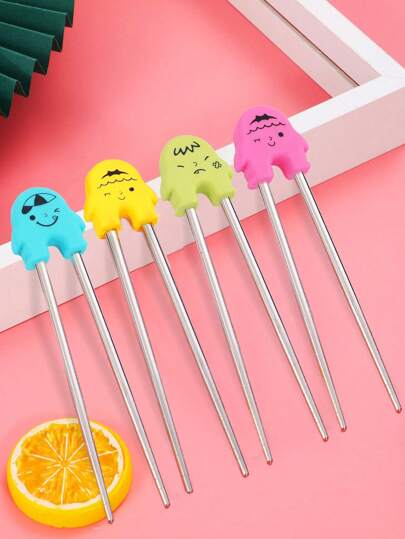 1/4pcs Stainless Steel Training Chopsticks, Cute Cartoon Design, Reusable, Suitable For Adult And Kids Beginners