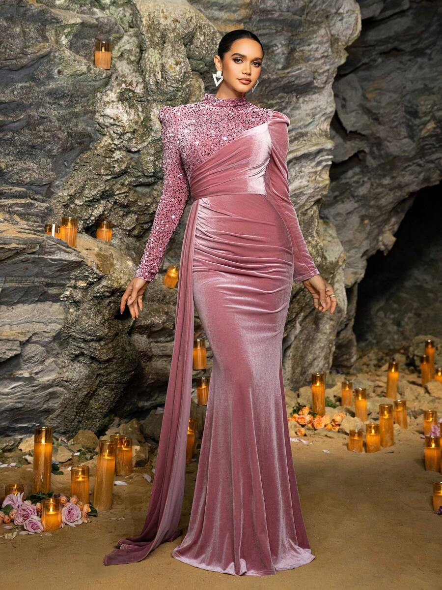 Faeriesty 女士优雅丝绒美人鱼长裙，饰以闪亮亮片刺绣 | 适合正式晚宴、婚礼、戛纳派对和奢华夏季度假装扮