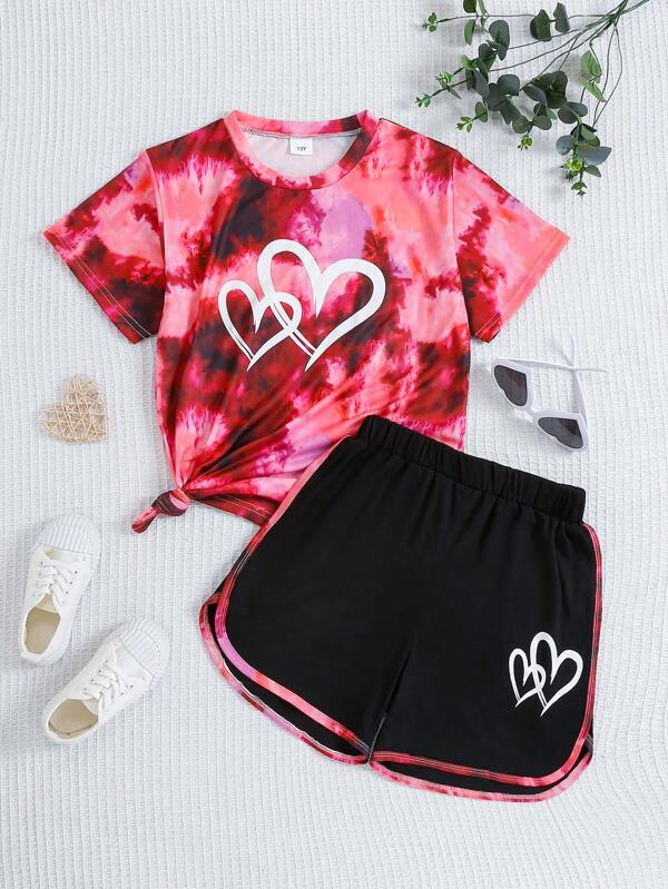 2pcs Tie-Dye Pattern Heart Print Short Sleeve T-Shirt And Shorts Set For Teenage Girls, Casual Outdoor Wear
