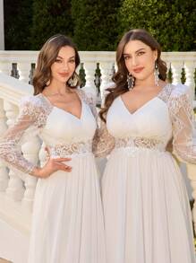 UNITHORSE Plus Size V-Neck Lace Embroidered Contrast Mesh White Wedding Dress Gown, All White Party Outfit Women - White - View 7