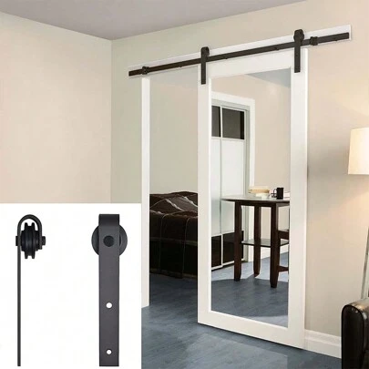 183cm /6FT Schiebetürbeschlag Set Schiebetürsystem Schwarz komplettes Laufrollen und Schiene Set mit Bodenführung Holz schiebetürbeschlag
