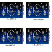 Sfondo in tessuto blu per il Ramadan con lanterne dorate, mezza luna e stelle, backdrop fotografico per Eid Mubarak, decorazione per la celebrazione del Ramadan, cartellone e banner per feste del Ramadan