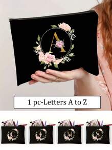 Golden Letter Floral Makeup Tote Bag - Black Polyester Zipper Bag, First Letters A-Z For Teacher Appreciation And Bridesmaid Gifts, Large Reusable Travel Storage Box, Women's Simple Large Capacity Travel Makeup Bag - Black - View 1