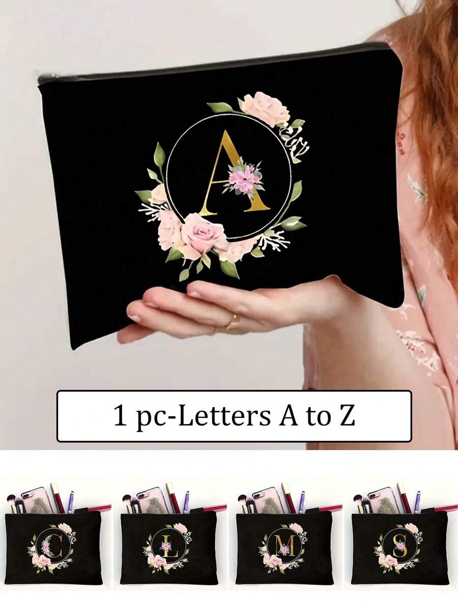 Golden Letter Floral Makeup Tote Bag - Black Polyester Zipper Bag, First Letters A-Z For Teacher Appreciation And Bridesmaid Gifts, Large Reusable Travel Storage Box, Women's Simple Large Capacity Travel Makeup Bag - Black - View 1