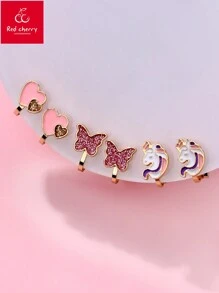 3 Pairs Colorful Zinc Alloy Butterfly, Unicorn, Heart Shaped Clip On Earrings For Girls, No Piercing Required, Suitable For Daily Wear