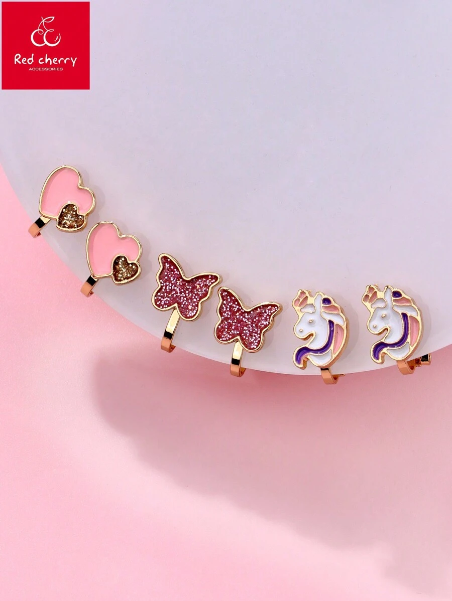 3 Pairs Colorful Zinc Alloy Butterfly, Unicorn, Heart Shaped Clip On Earrings For Girls, No Piercing Required, Suitable For Daily Wear