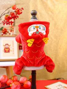 PETCIRCLE 1pc Pet Clothes Dog Cat Winter Warm Soft Comfortable Fleece Apparel, Small Dog 4-Leg Outfit, New Year Chinese Dragon Transformation Costume - Red - View 5