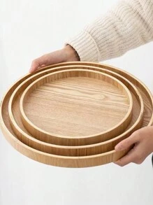 1pc Minimalist Style Wooden Tray, Tea Tray, Storage Tray,Kitchen, Round Fruit Tray - Khaki - View 4