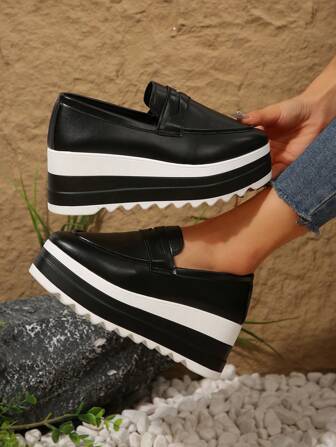 Women's Slip-On Loafers Thick Sole Square Toe Solid Color Wedge Shoes, Suitable For All Seasons