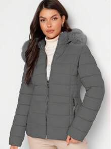 Shendy Vendy Women's Jacket Warm Polyester With Fur-Like Collar - Dark Grey - View 2