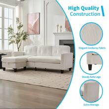 Modern L Shaped Small Sofa Couch,3-Seater Corduroy Sectional Sofa With Storage Ottoman For Living Room, Apartment And Office - Beige - View 7