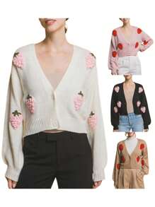 Women's Crop Cardigan Sweater Strawberry Embroidery Button Down V Neck Long Sleeve Knit Sweater Jacket For Fall Spring - Khaki - View 7
