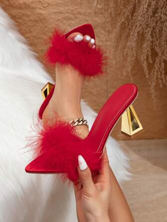 女士时尚派对尖头绑带红色缎面毛茸茸镂空金属镀金高跟凉鞋