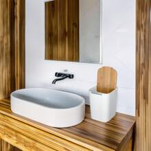 Well Home WELLHOME - Poubelle de salle de bain avec couvercle en bambou "Baltik" 5 L, décoration de salle de bain d'été blanche - Blanc - Voir 3