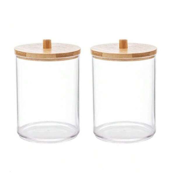 Porta Algodão Cotonetes Tampa de Bambu Organizador Multiuso Acrílico Pote Organizador de Microbrush Escovinhas Potinho