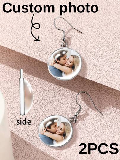 2pcs Customized Photo Earrings, Personalized Photo Earrings, Customized Convex Round Stud Earrings, Customized Jewelry Gift For Girlfriend, Wife, Mom, Mother's Day, Anniversary, Wedding, Birthday, Valentine's Day