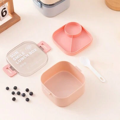 1000ml方形清新简约设计塑料午餐盒，便携式学生按扣午餐盒，旅行外卖双层便当盒，厨房餐厅食物储存容器，可微波炉加热