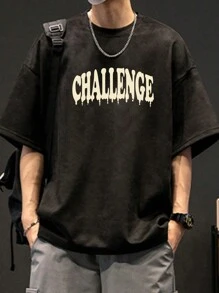 homens Camiseta ombro caído carta gráfica