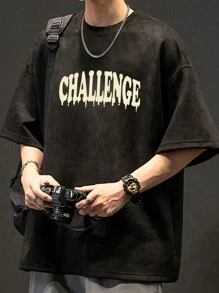 homens Camiseta ombro caído carta gráfica
