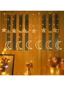 1pc 138 LEDs 3.5*0.8m USB 8 Modes Star & Moon Shaped Curtain Light, For Wedding Engagement Proposal Home Garden Holiday Indoor Outdoor Yard Decor