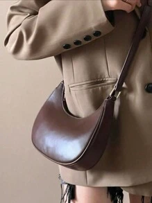 全新时尚简约时尚半光泽新月形休闲经典百搭单肩包，可拆卸肩带适合日常通勤和外出 - 咖啡棕 - 查看 3