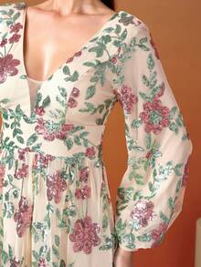 Sequin Embroidered V-Neck Lantern Sleeve Evening Gown Elegant Long Sleeve Formal Prom Wedding Guest Dress, For Graduation, Dinner Party Dress - Apricot - View 8