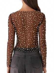 Women's Pearls Summer Sheer Mesh Tops Long Sleeve Round Neck Mesh Pearl Blouse - Black - View 7