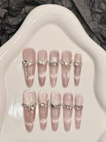 10 Pcs Luxury Handmade Press On Nails Super Long Stiletto False Nails Elegant Flash Drill Design False Nails With 3 Pieces Tool Adhesive Nail Glue Tabs Suitable For Ladies And Girls To Attend Holiday Parties. Nail Supplies Nails - Pink - View 2