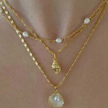1 件多层珍珠贝壳吊坠项链，波西米亚金色扁平蛇链项链，百搭海滩风格，适合女性