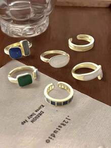 6 件套女士可调节开口戒指，带仿绿宝石，简约设计，奢华