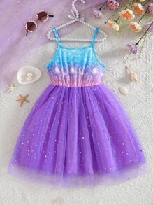 Top de camisola con estampado digital degradado de escamas de sirena para niña, vestido midi con dobladillo de tul de red con luna y estrella, conjunto elegante y lindo que incluye bolso bandolera, apropiado para salidas, fiestas, vacaciones, verano - Morado - Ver 2