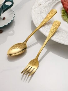 4/6/12pcs Stainless Steel 1010 Embossed Reusable Cutlery Set, Forks & Spoons, Suitable For Western Dishes, Pasta, Salad, Fruit, Cakes And Desserts, Ideal For Home, Afternoon Tea, Wedding, Picnic