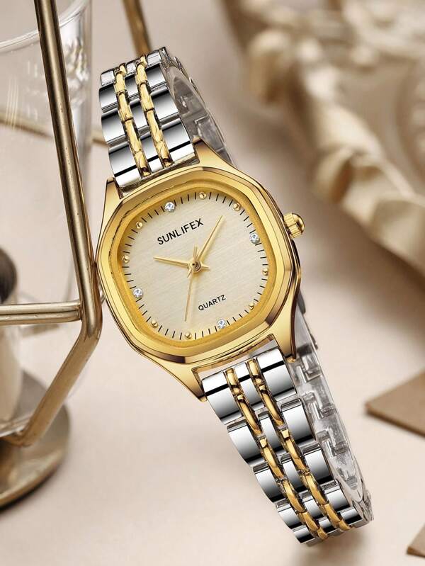 Women's Luxury Minimalist Diamond Watch, Casual Fashion Delicate Retro Versatile Small Gold Steel Band Polygonal Quartz Wrist Watch, Gift For Girlfriend & Mother