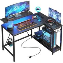 L Shaped Desk With Power Outlets LED Lights Compact Corner Desk Shelves Reversible Computer Desk Hooks For Home Office Bedroom Small Space 106.5CM - CarbonFiber-106.5CM - View 1