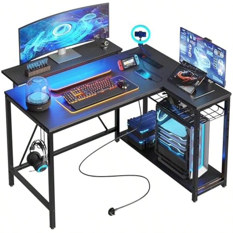 L Shaped Desk With Power Outlets LED Lights Compact Corner Desk Shelves Reversible Computer Desk Hooks For Home Office Bedroom Small Space 106.5CM - CarbonFiber-106.5CM - View 1