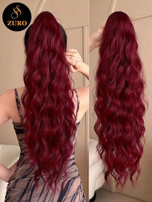 Acessório de Cabelo Extensão de Rabo de Cavalo em Fibra Sintética Resistente ao Calor, Ondulado Elástico, Comprimento de 26 Polegadas, na Cor Vinho Tinto, Adequado para Uso Diário de Mulheres