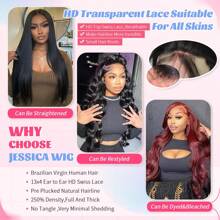 Jessicahair Peluca de cabello humano con frente de encaje HD de Jessica Hair, ondas corporales, 13x4, sin pegamento, con cabello de bebé, densidad 250%, peluca frontal de cabello humano brasileño virgen con onda corporal