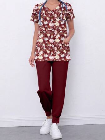 Ditsy Floral 短袖上衣 + 纯色裤子 手术服套装