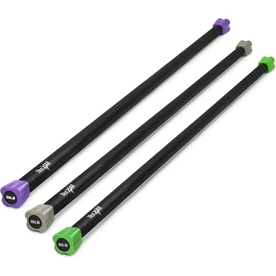 Barra de ejercicio con peso Total Body Workout de Yes4All, barra con banda de resistencia, estantes para barra con peso, barra de ejercicio para yoga, entrenamiento de fuerza en casa y gimnasio individual/combo - I. Conjunto 10 + 15 + 20 libras - Ver 1