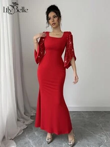 女士优雅改良腰袖拼接亮片面料美人鱼连衣裙，适合派对、新年等情人节礼服、女士晚礼服 - 紅色 - 查看 2