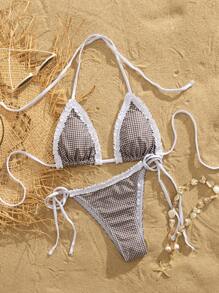 女士比基尼泳衣，可爱波西米亚风格子印花，内置胸罩，适合度假、海滩、泳池和休闲穿着，是秋冬季节、情人节、圣诞节、新年派对以及2026年春夏海滩装扮的理想之选。