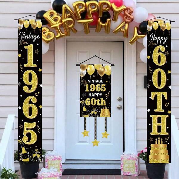 3-teiliges Set, "Frohes 60. Geburtstag" Veranda Banner, Polyester, mit 1965 schwarzen goldenen Kuchen- und Feiermustern, geeignet für Party Dekoration drinnen und Outdoor, Wandbehang für Zuhause Wohnzimmer