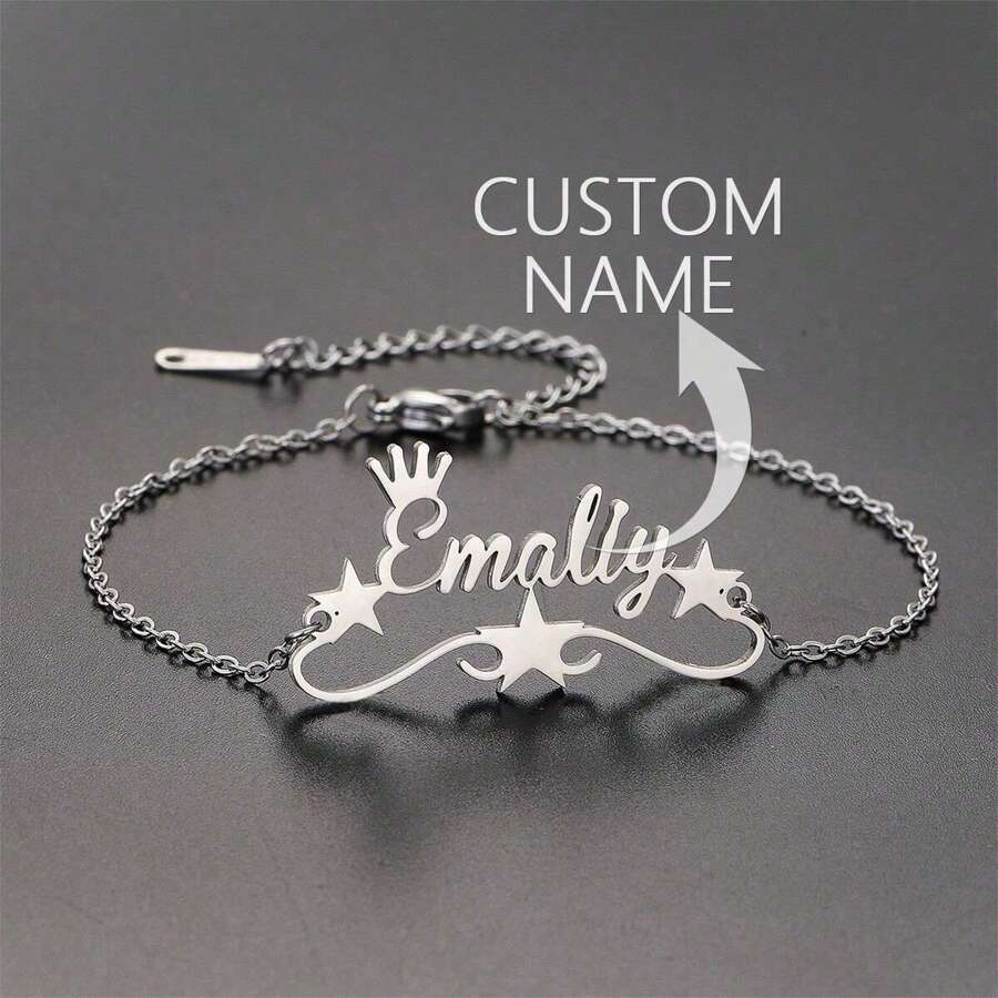 个性化心形不锈钢字母名字手链 - 经典银色珠宝礼物，适合女性，带皇冠的串珠链手链，非常适合婚礼和休闲装 - 銀色 - 查看 1