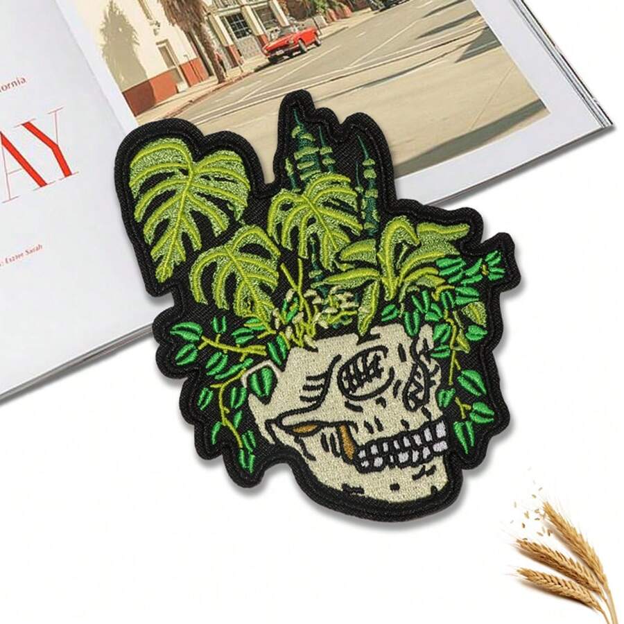 1pc Skull Planter Patch With Iron On Backing, Skull Iron-On Patches, Embroidery Badges For Clothing And Hats - Color Mixing - View 1