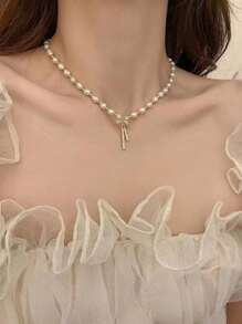 1pc Pearl Necklace, Micro-Inlaid Zirconia Bowknot Vintage Style Clavicle Chain, Copper Bead Interval Design Necklace Accessory, Suitable For Daily Wear, Weddings, Birthdays - Multicolor - View 4