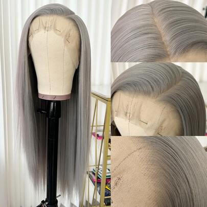 13x4 蕾丝前部 26 英寸灰色直发合成假发，蕾丝前部预拔发际线耐热纤维头发，丝滑直发假发，适合女性、角色扮演、派对、日常使用