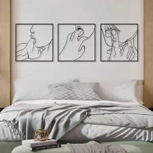 3 PiecesBlack Metal Wall Decor, Art Deco Style Female Silhouette And Gesture Hanging Wall Sculpture , Black Lip Line Statue Wall Decoration For Living Room, Bedroom , Bathroom And Other Indoor And Outdoor Decoration(Black)