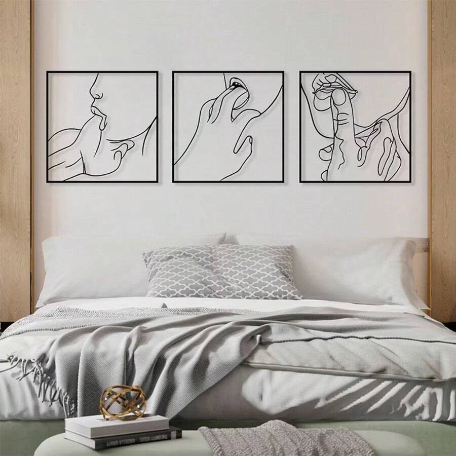 3 PiecesBlack Metal Wall Decor, Art Deco Style Female Silhouette And Gesture Hanging Wall Sculpture , Black Lip Line Statue Wall Decoration For Living Room, Bedroom , Bathroom And Other Indoor And Outdoor Decoration(Black)