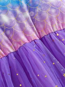 Top de camisola con estampado digital degradado de escamas de sirena para niña, vestido midi con dobladillo de tul de red con luna y estrella, conjunto elegante y lindo que incluye bolso bandolera, apropiado para salidas, fiestas, vacaciones, verano - Morado - Ver 6